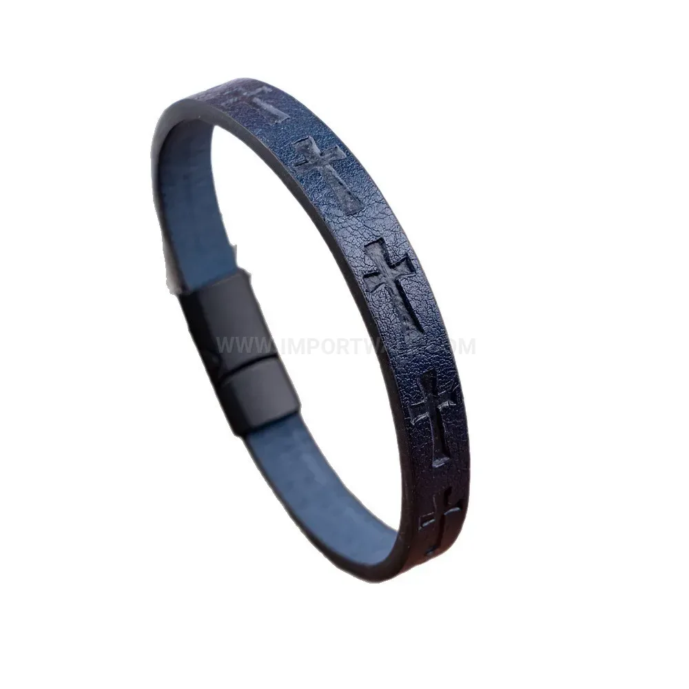 Stylish Printed Cross Faux Leather Bracelet With Magnetic Clasp