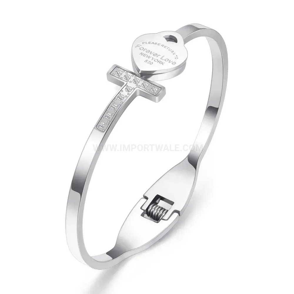 Premium Rhinestone Heart Cross T-Bar Lock Stainless Steel Bangle Bracelet