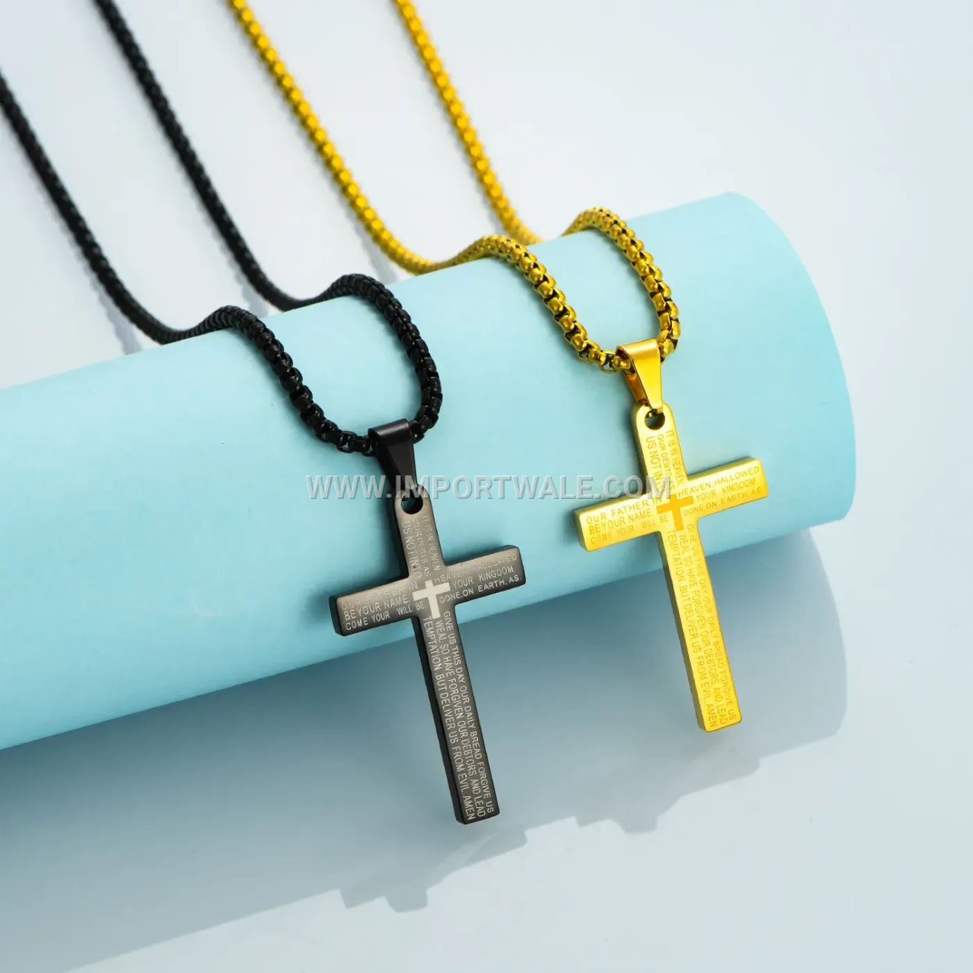 Tri-Color Engraved Cross Stainless Steel Pendant Necklace