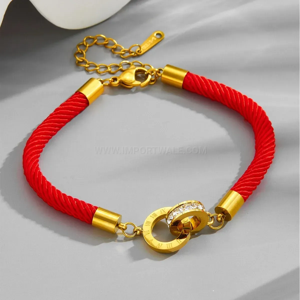 Woven Red Cord Roman Numeral Interlocking Double Ring Bracelet
