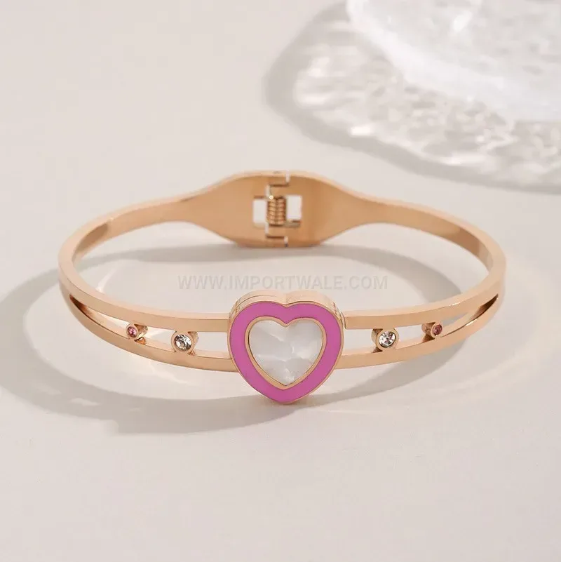 Elegant Mother of Pearl Heart Zircon Titanium Steel Bangle
