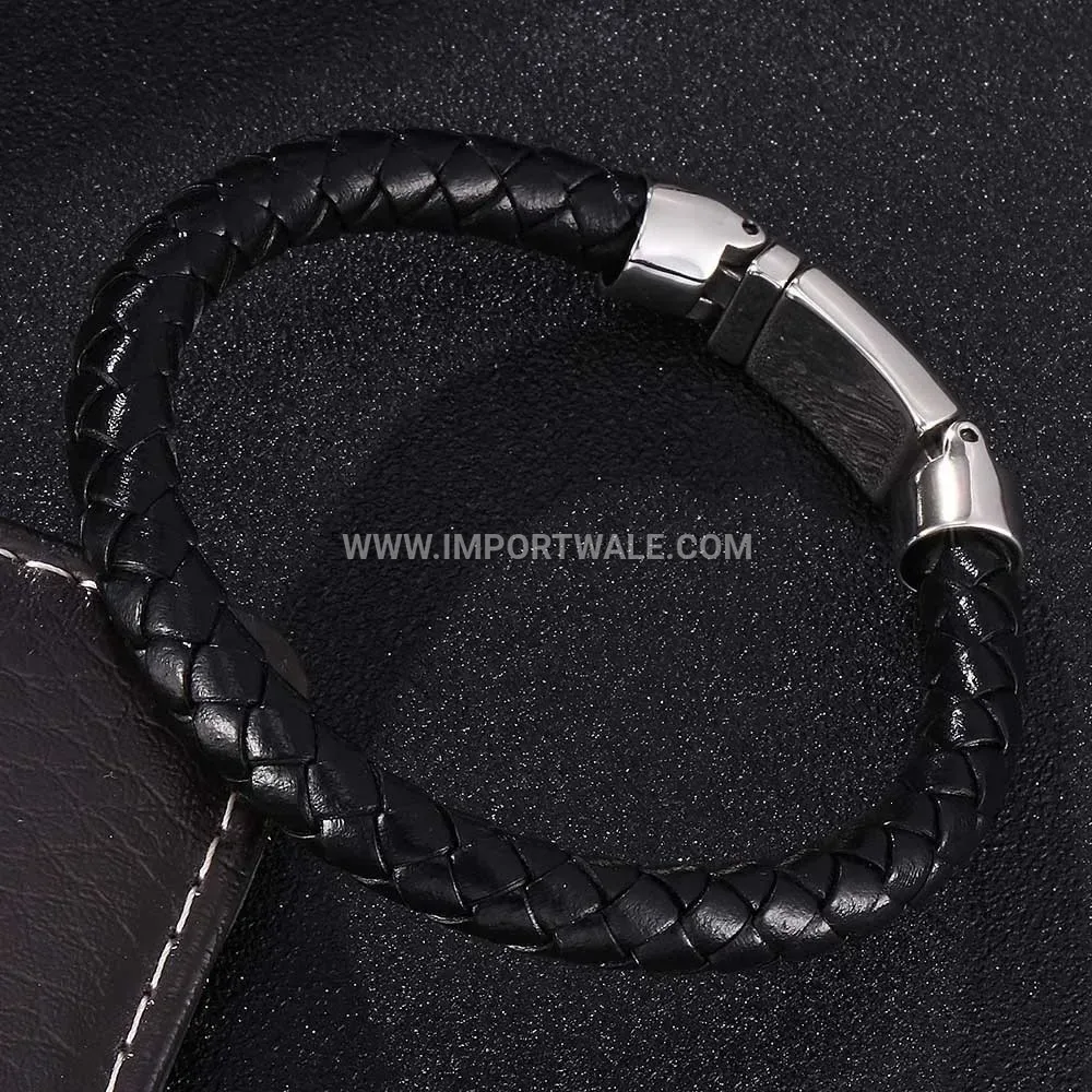 Men's Handcrafted Braided Leather Stainless Steel Snap Clasp Wristband