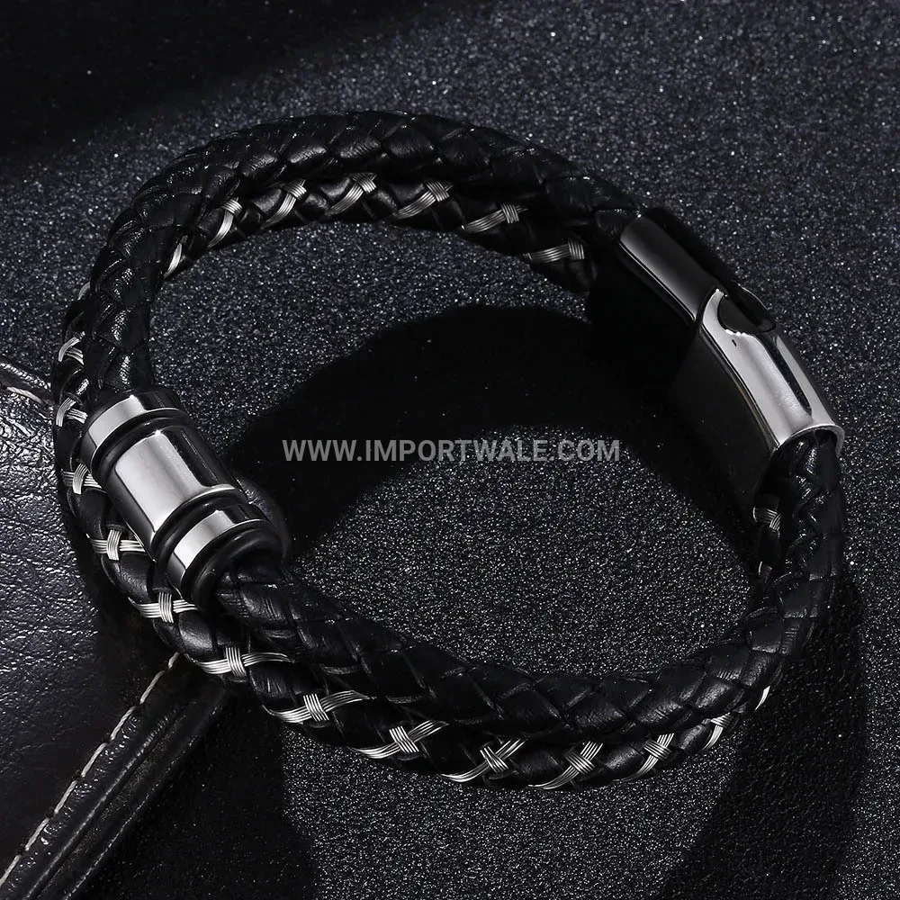 Double-Layer Steel Wire and Vintage Leather Men's Braided Bracelet