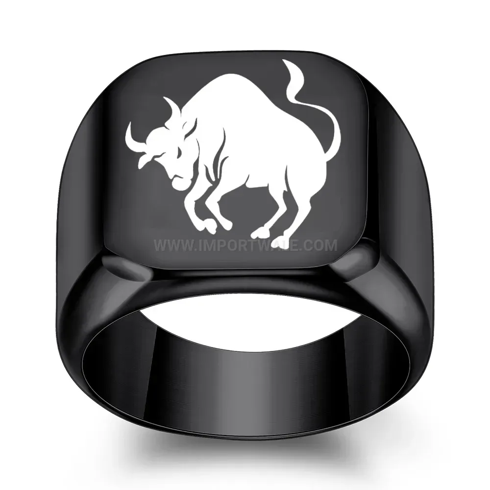 Premium Laser Engraved Bull Motif Stainless Steel Punk Square Signet Ring