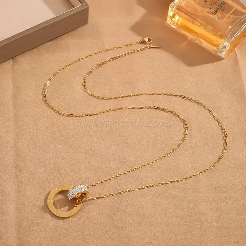Chic Gold Double Ring Pendant Titanium Steel Sweater Chain