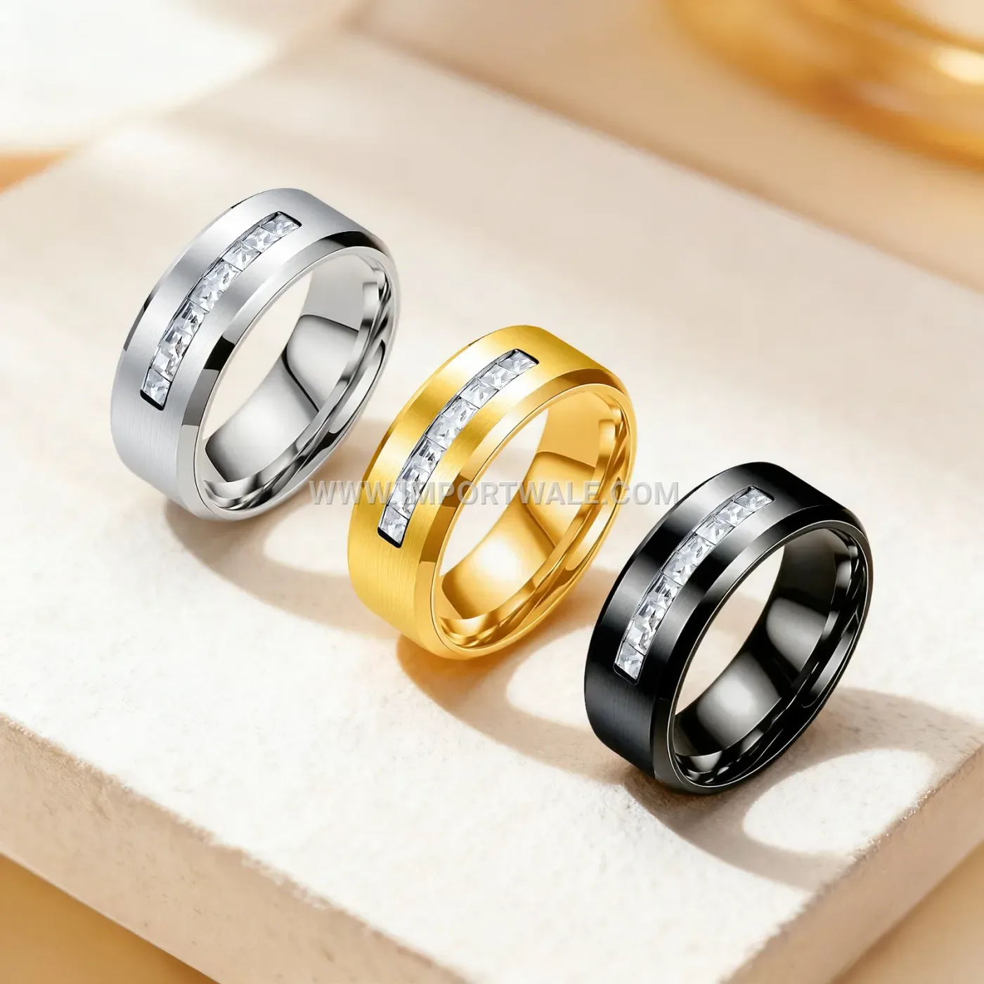 Classic Inlaid Zircon Stainless Steel Solitaire Band Ring