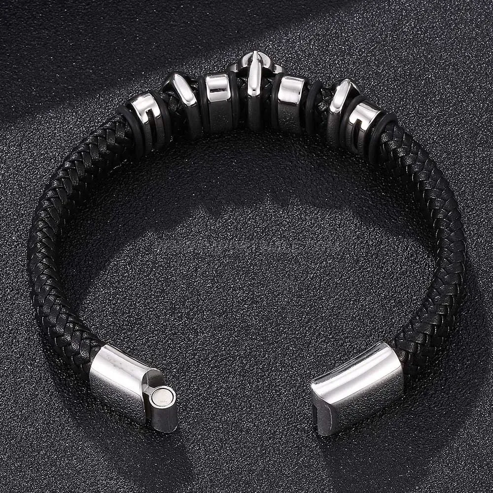 Floral Engraved Stainless Steel Magnetic Leather Wrap Bracelet