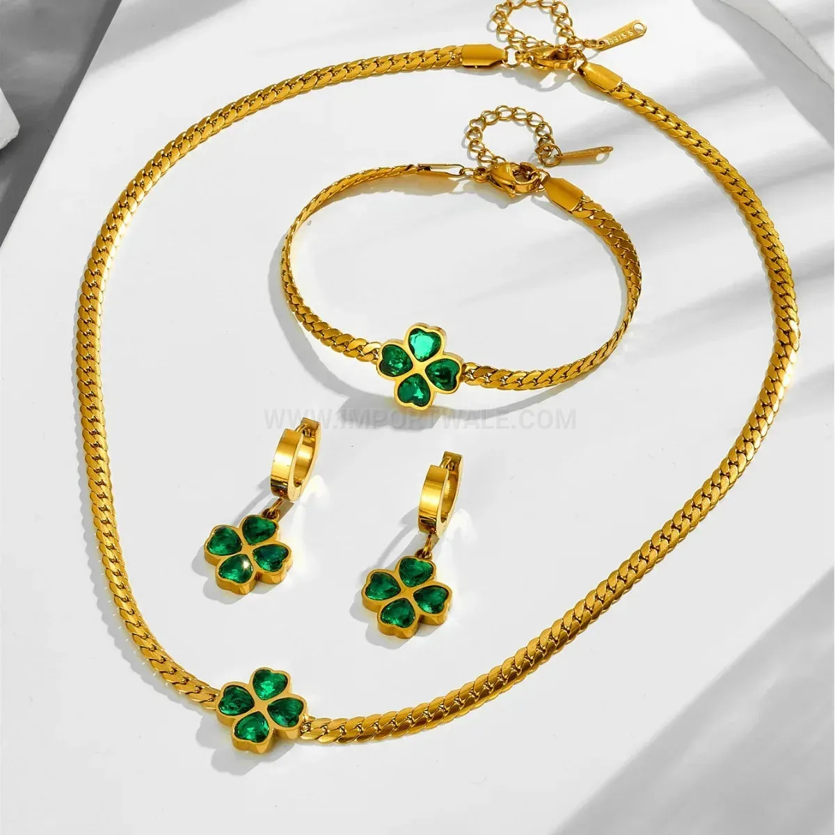 Emerald Zircon Heart Four Leaf Clover Titanium Steel Jewelry Set