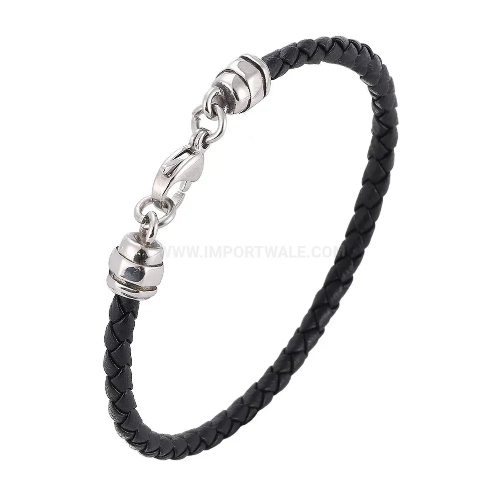Woven Leather Hook Bracelet with Stainless Steel Accents