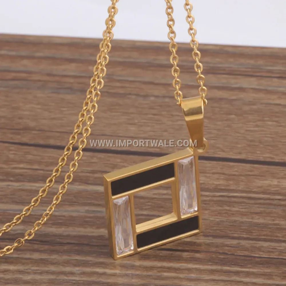 Vintage Square Hollow Drip Oil Zircon Stainless Steel Pendant Necklace