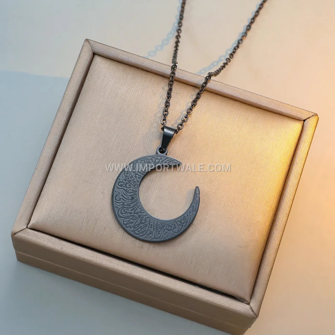 Stainless Steel Crescent Moon Ayatul Kursi Pendant Link Chain Necklace