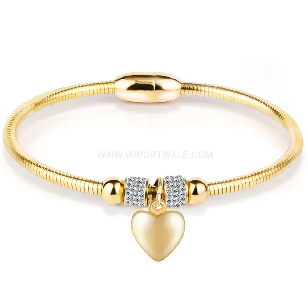 Polished Heart Stainless Steel Bangle with Crystal Accent and Magnetic Clasp