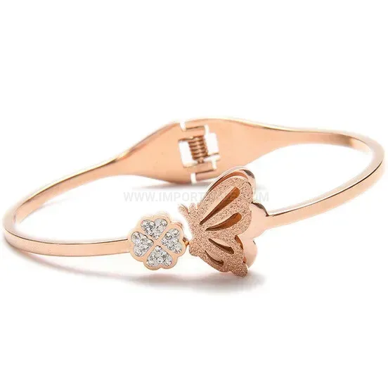 Modern Frosted Leaf and Clover Stainless Steel Open Bangle