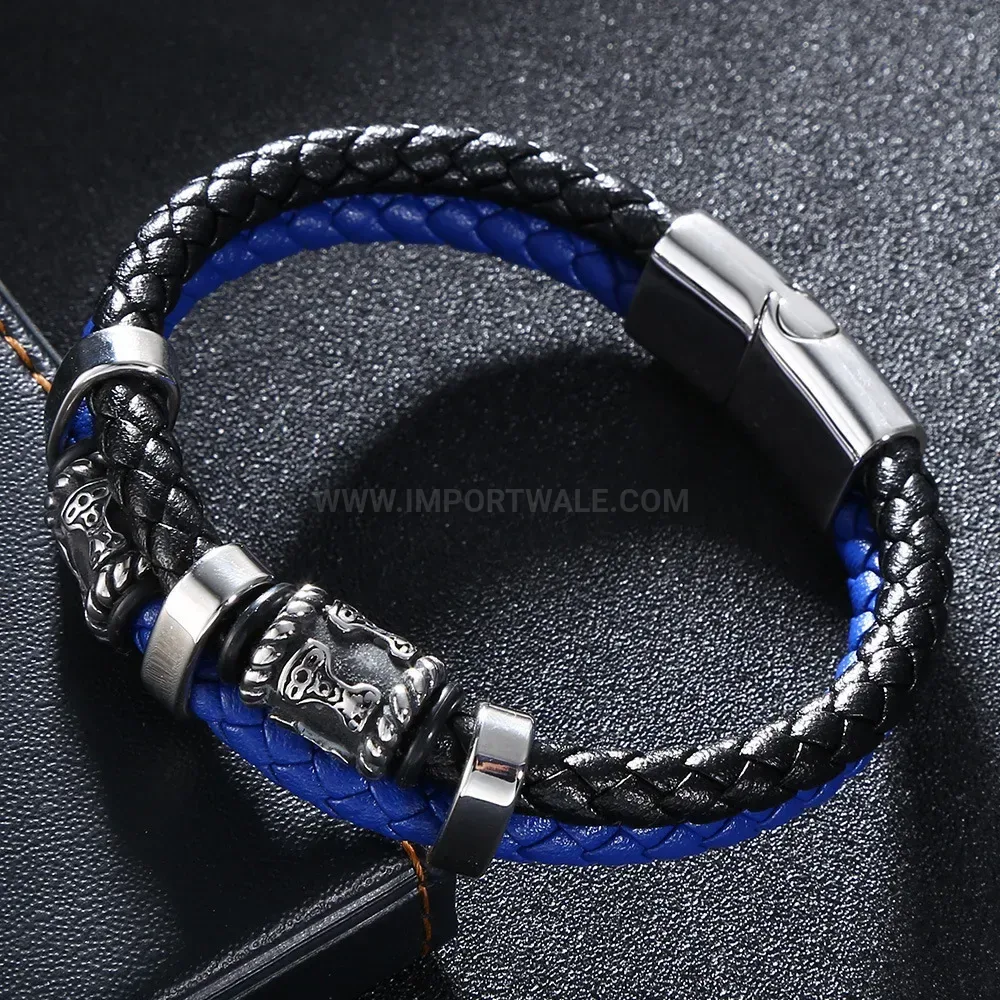 Handcrafted Two-Tone Leather Stainless Steel Beaded Wristband