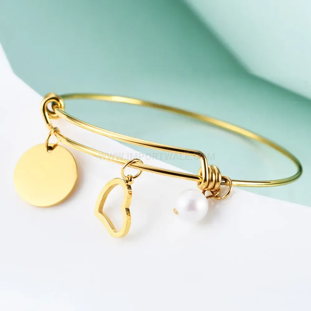 Trendy Gold Stainless Steel Bangle with Pearl and Heart Pendant