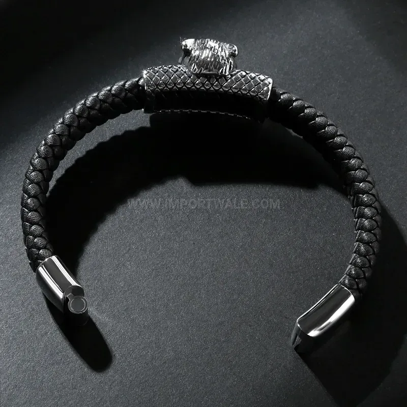 Elegant Cheetah Accent Stainless Steel Braided Leather Men Bracelet