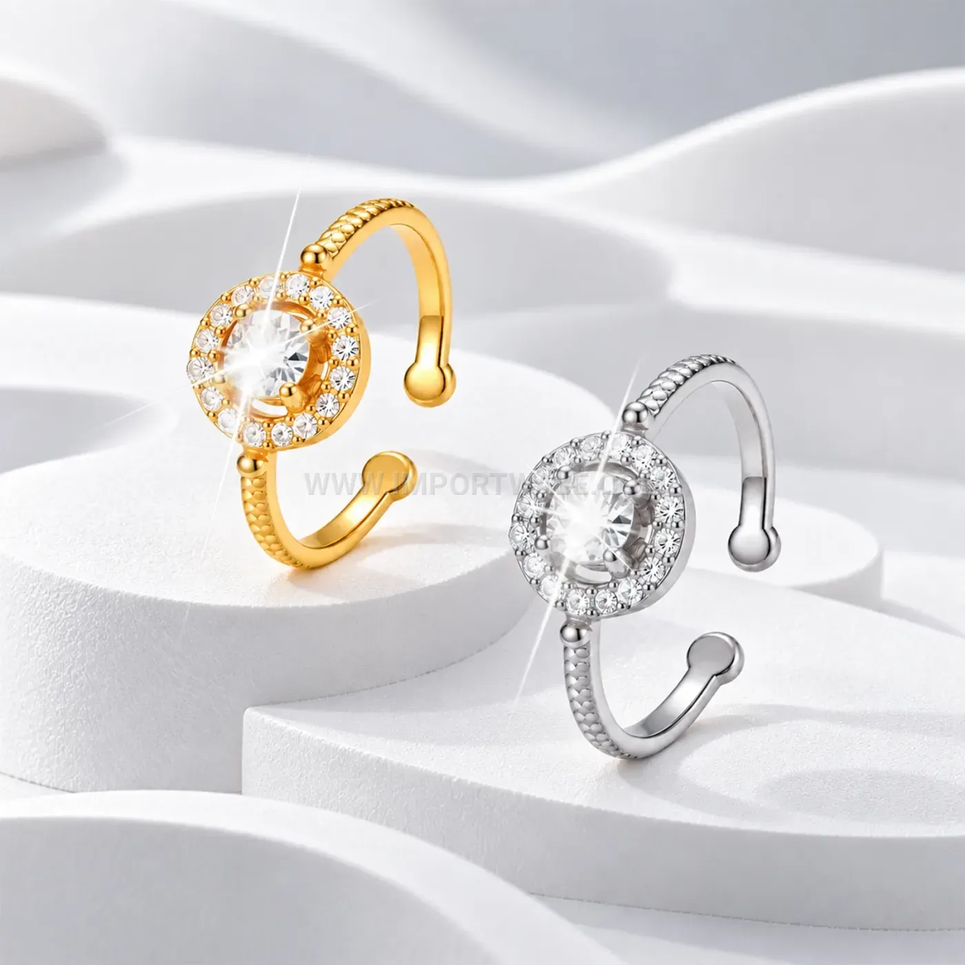Gold Plated Stainless Steel Adjustable Cubic Zirconia Ring Set
