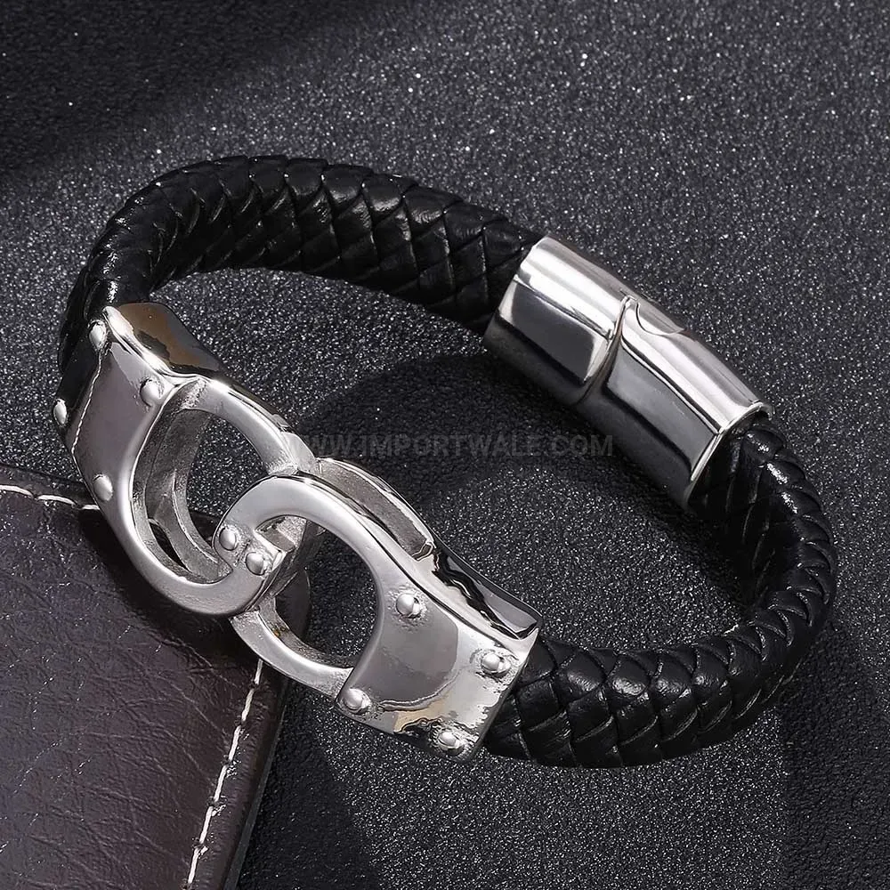 Premium Handcuff Charm Braided Leather and Stainless Steel Bracelet