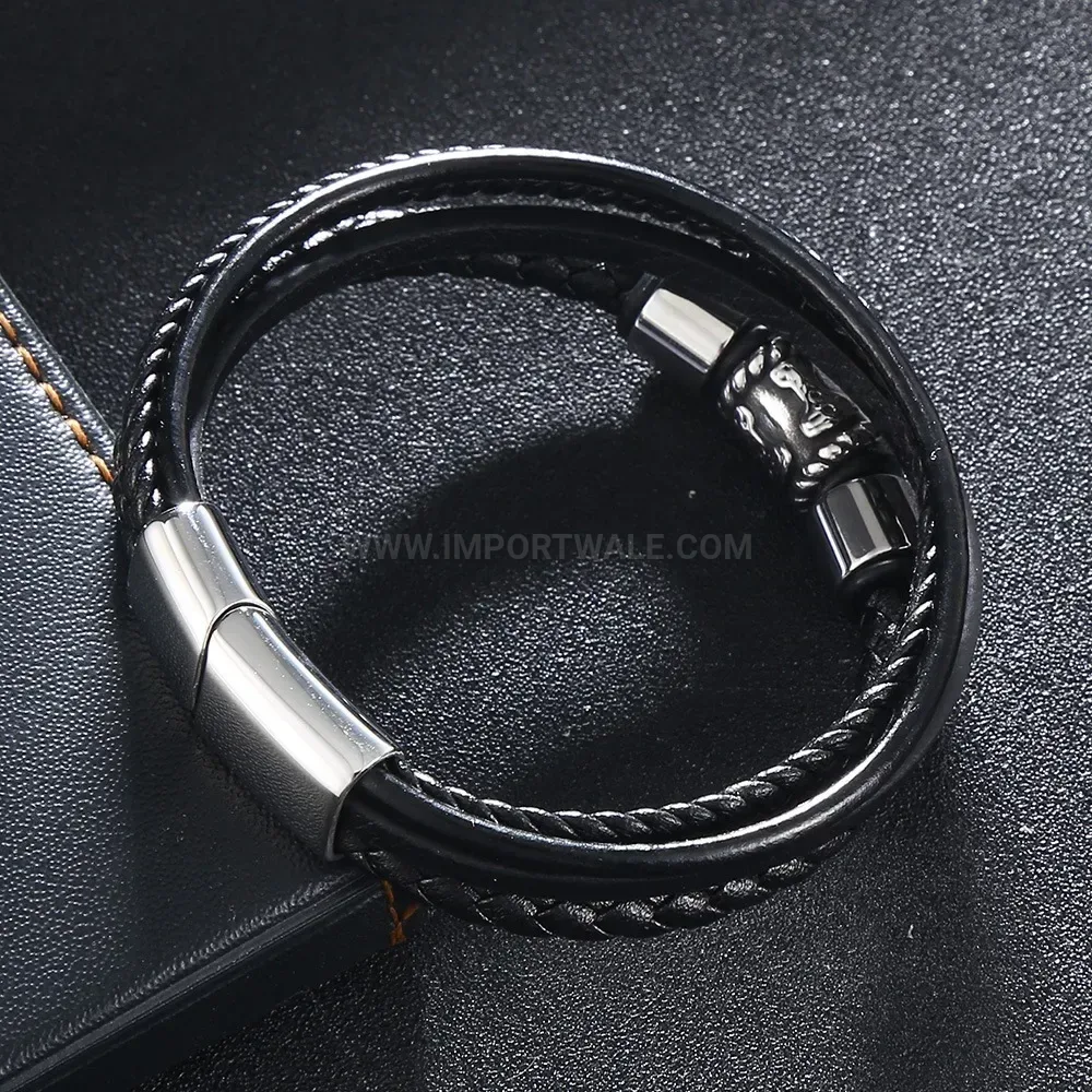 Multi Layer Woven Black Leather Bracelet with Stainless Steel Magnetic Clasp