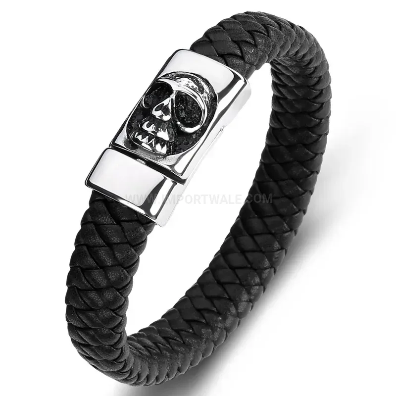 Premium Braided Leather Skull Wristband with Stainless Steel Accents