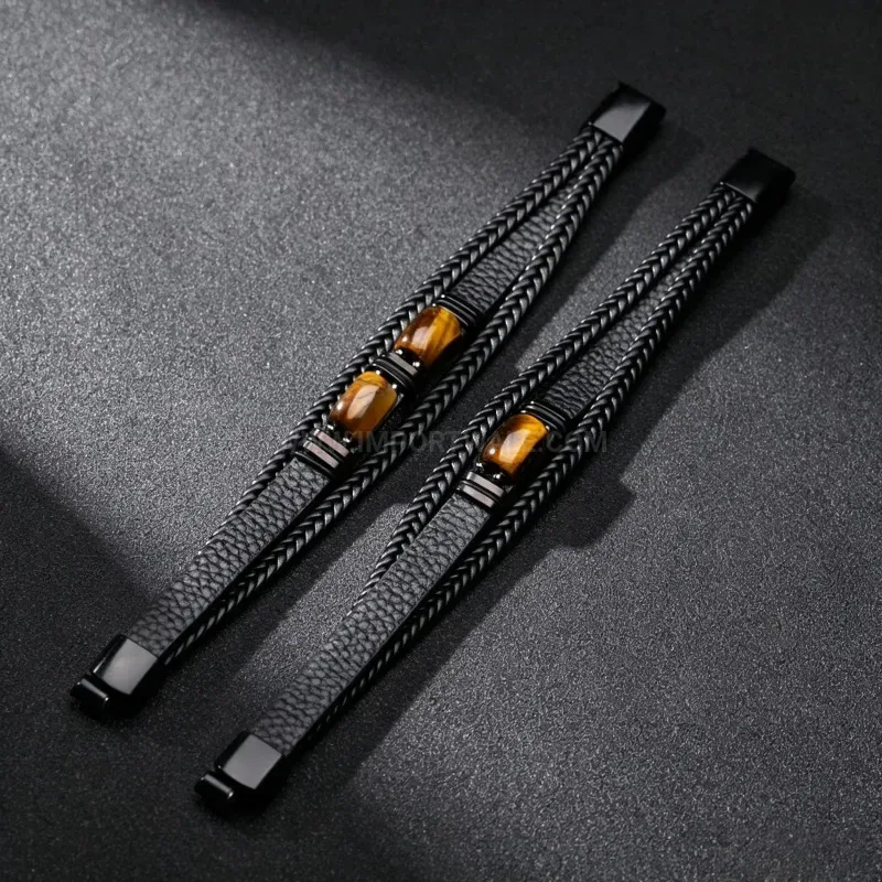 Chic Double Layer Leather Bracelet With Natural Tiger Eye Beads
