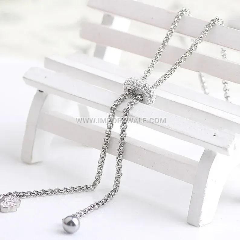 Silver Tone Stainless Steel Rhinestone Heart Clover Long Necklace