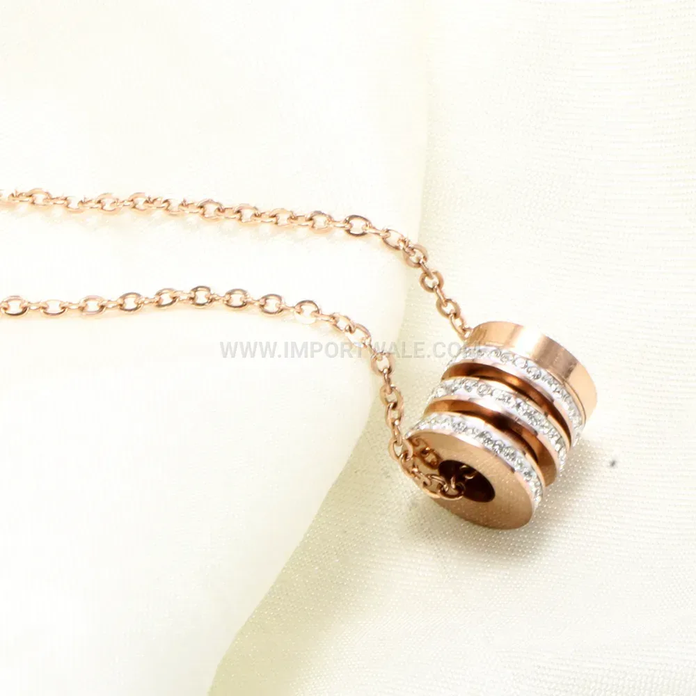Rhinestone-Paved Stainless Steel Cylinder Pendant Necklace