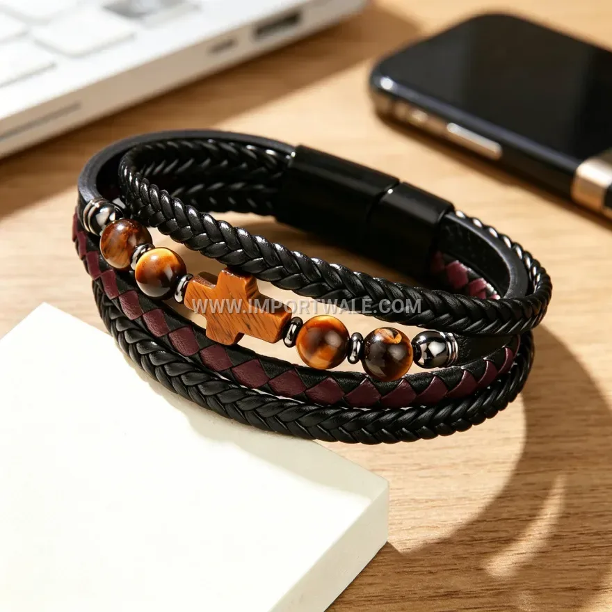 Natural Stone Beaded Leather Cross Wrap Bracelet