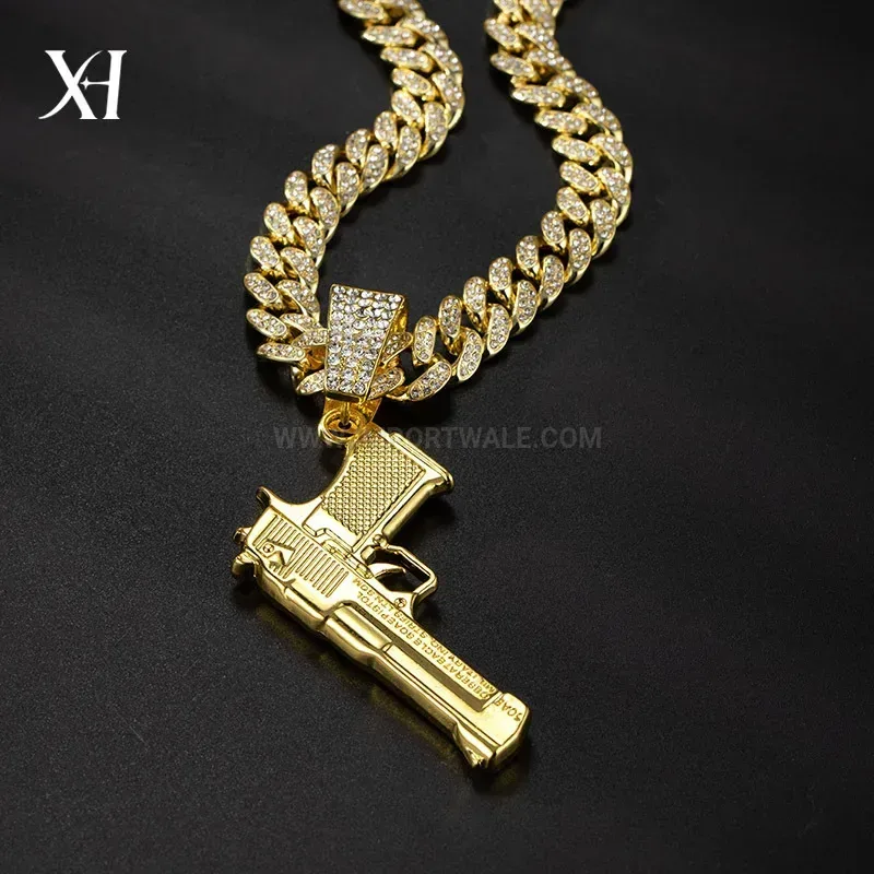 Classic Rhinestone Handgun Pendant Thick Cuban Link Chain