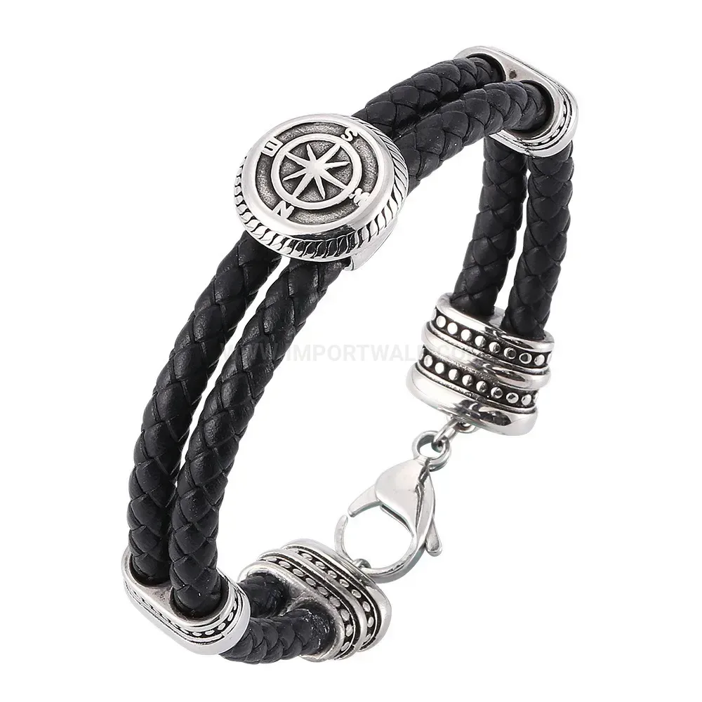 Braided Leather Wristband Bracelet featuring Stainless Steel Lobster Clasp