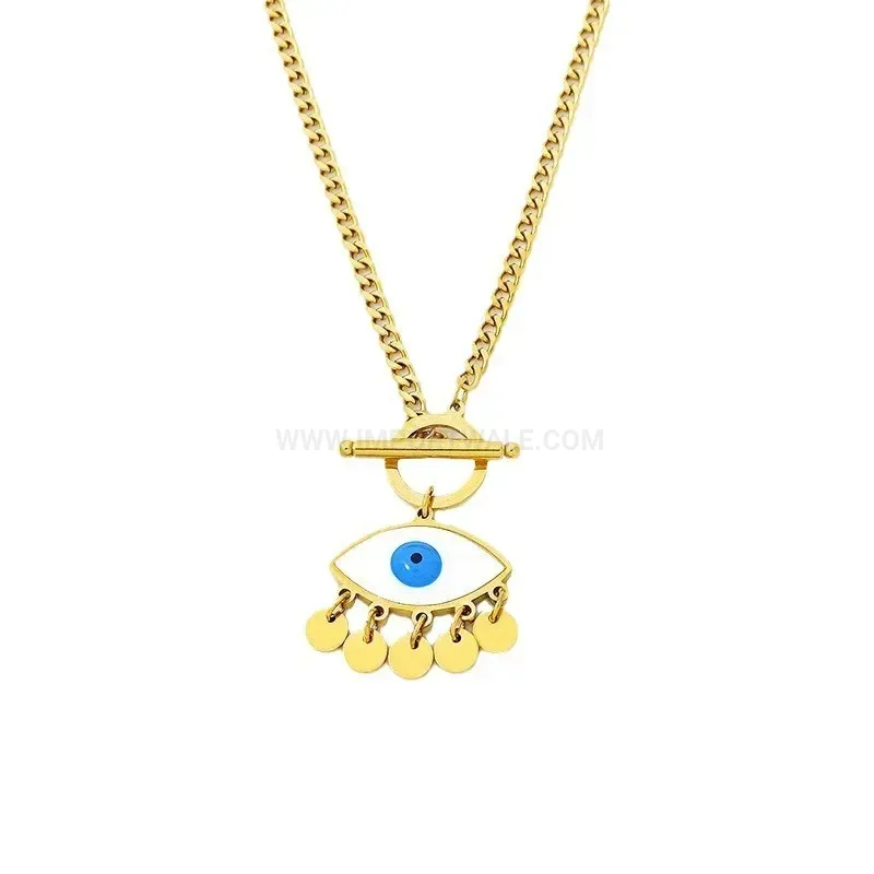 Trendy Evil Eye Shell Tassel Necklace with Toggle Clasp Titanium Steel