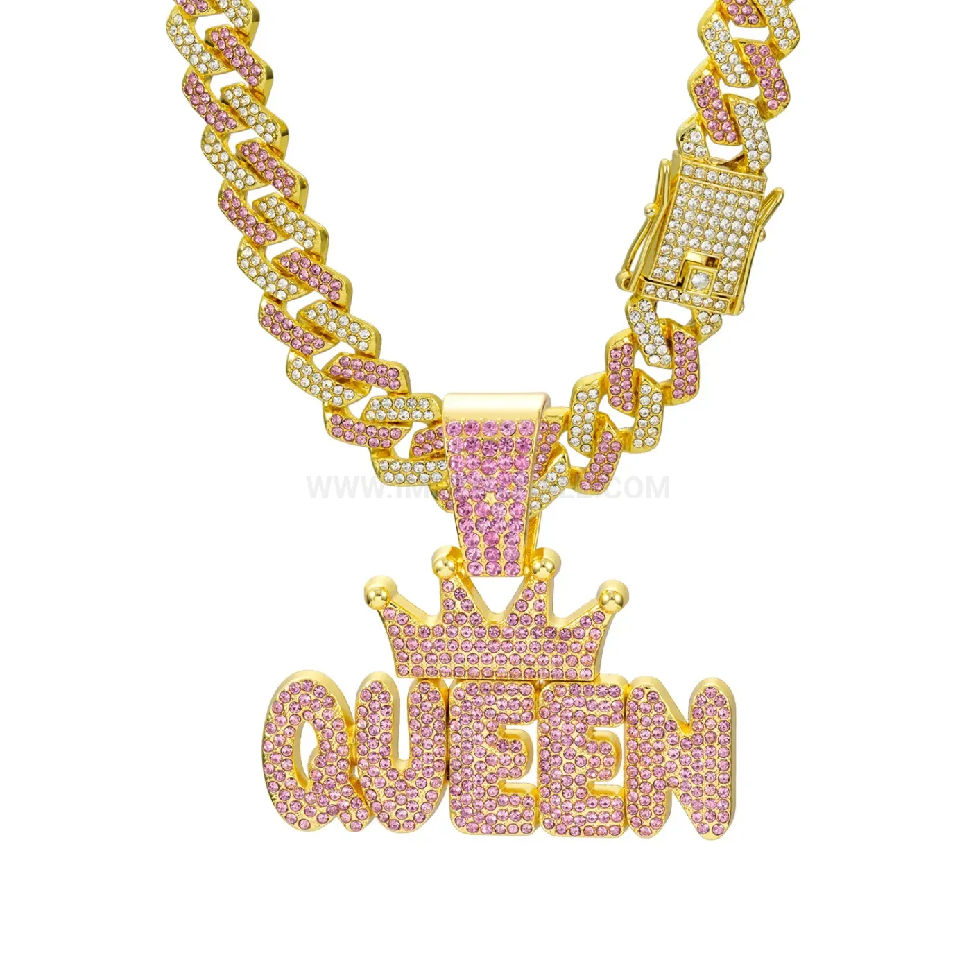 Pink Rhinestone Crown Queen Hip Hop Pendant Necklace