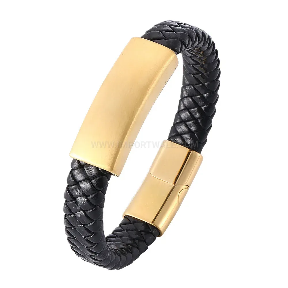 Woven Leather Braided Cuff Bracelet With Stainless Steel Accents