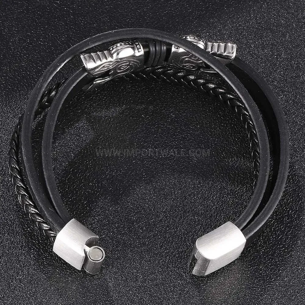 Multi Strand Braided Black Leather Stainless Steel Men's Bracelet