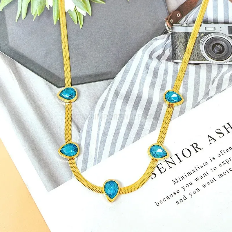 Gold Plated Stainless Steel Teardrop Turquoise Snake Chain Necklace
