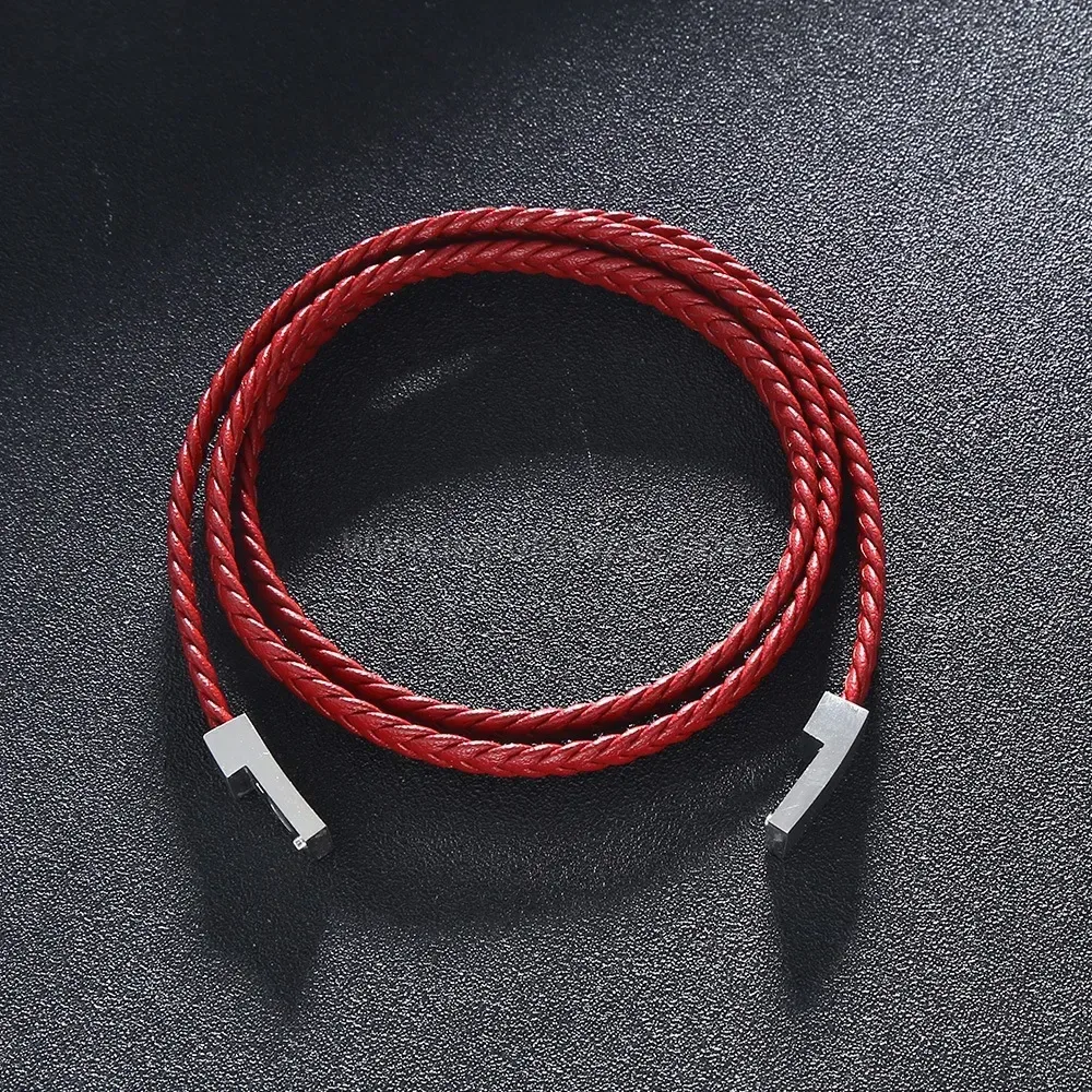 Double Wrap Braided Leather Stainless Steel Men Bracelet
