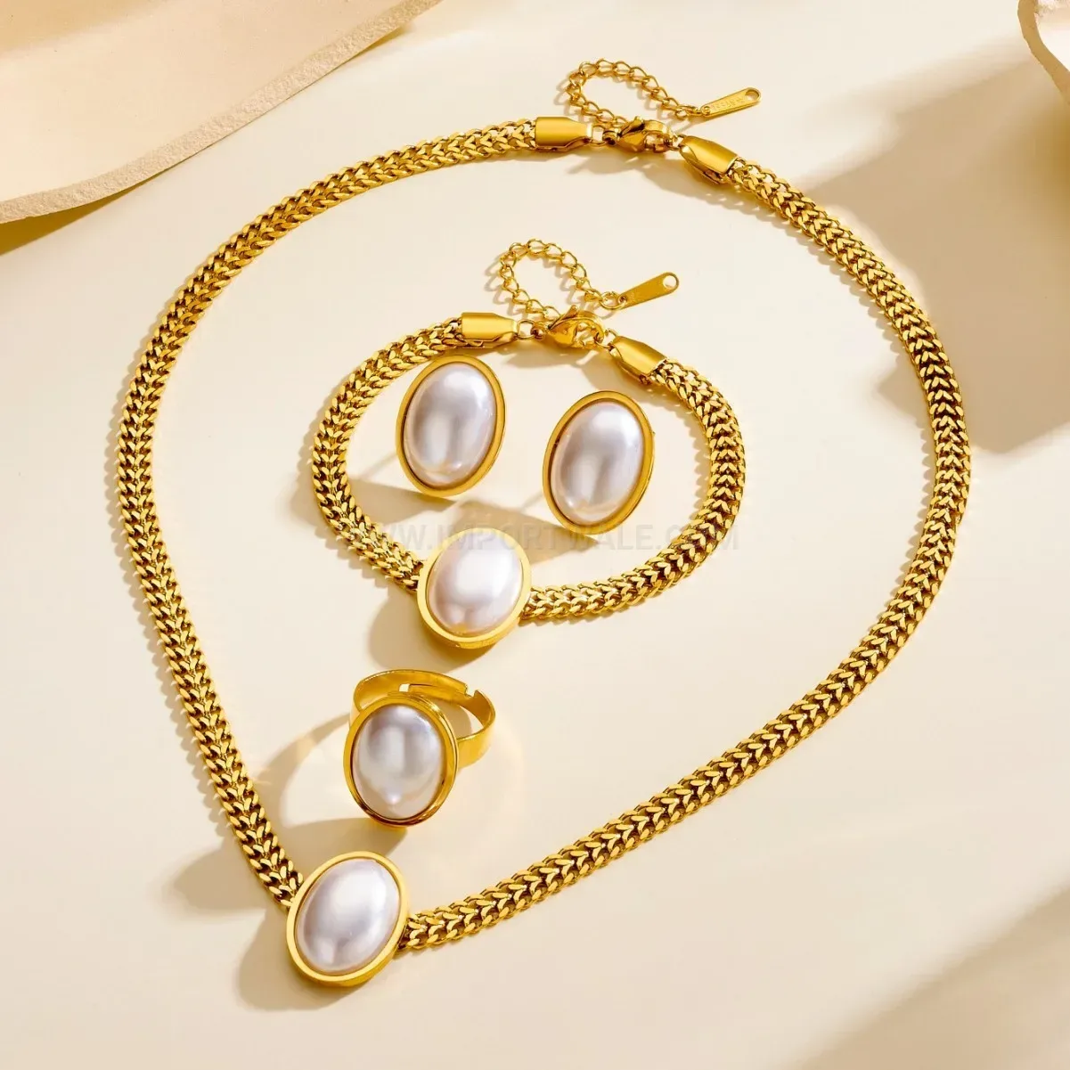 Chic Stainless Steel Oval Pearl Jewelry Set
