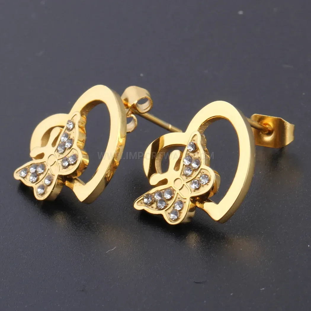 Elegant Gold Stainless Steel Cutout Heart Butterfly Rhinestone Stud Earrings