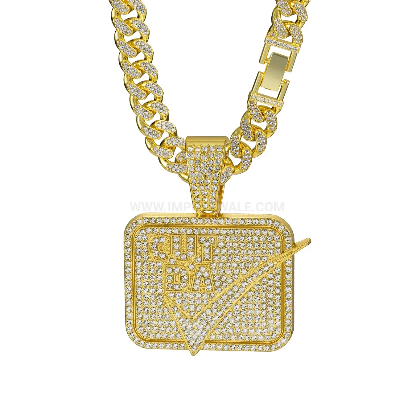 Elegant Rhinestone Square Letter Tag Pendant Cuban Link Necklace