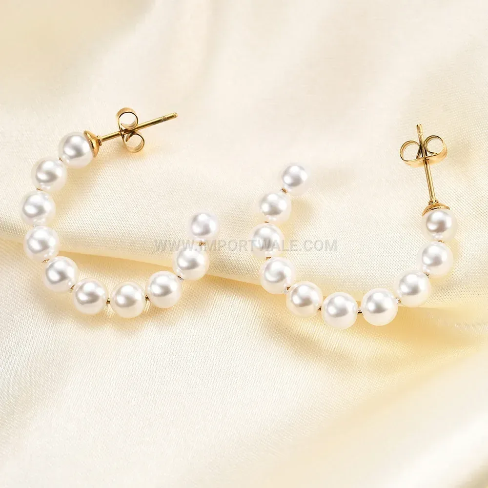 Stainless Steel Pearl Accent C Hoop Stud Earrings