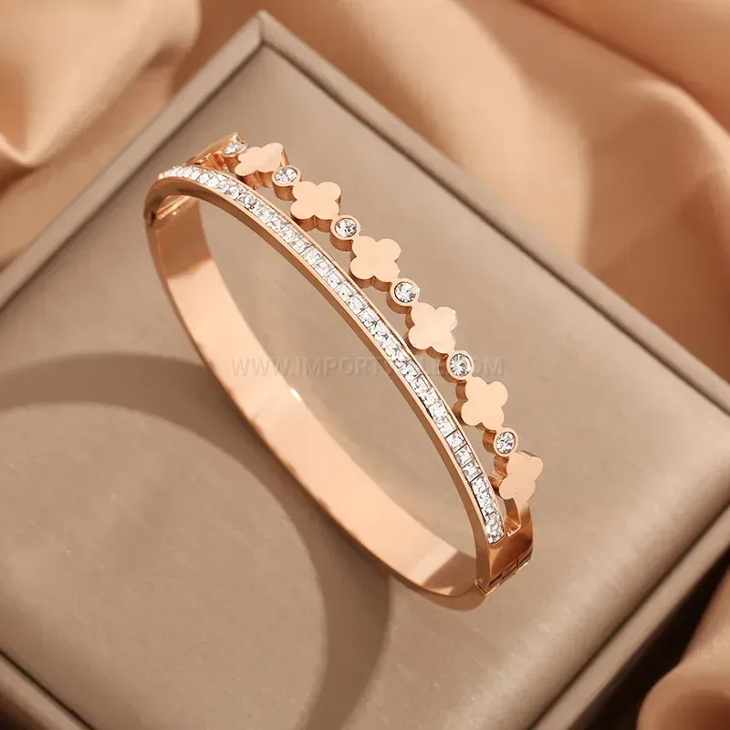 Four Leaf Clover Pave Open Bangle Bracelet