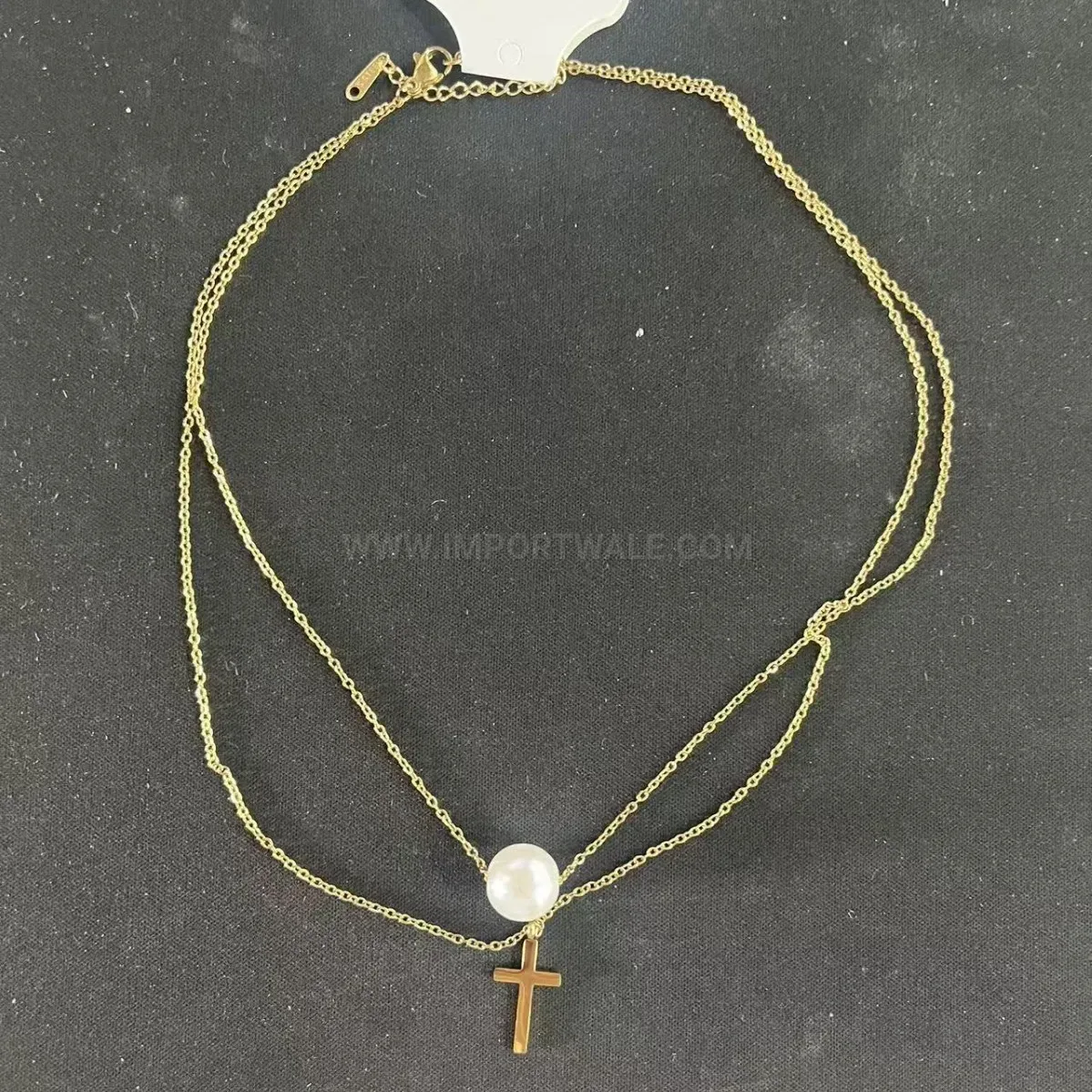 Designer Gold Stainless Steel Layered Cross and Pearl Pendant Necklace