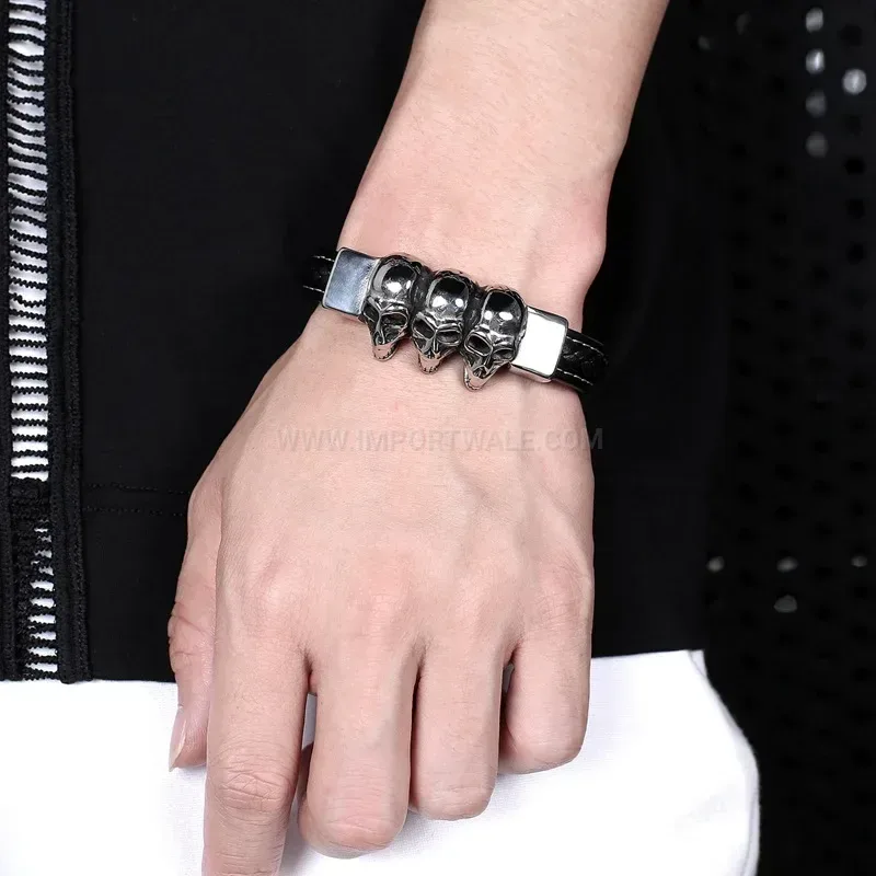 Designer Handcrafted Leather Bracelet Featuring Stainless Steel Skull Hardware