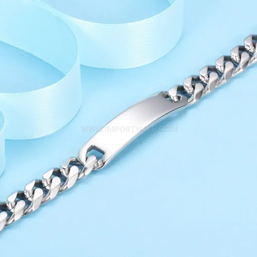 Engraved Long Bar Stainless Steel Cuban Chain Bracelet