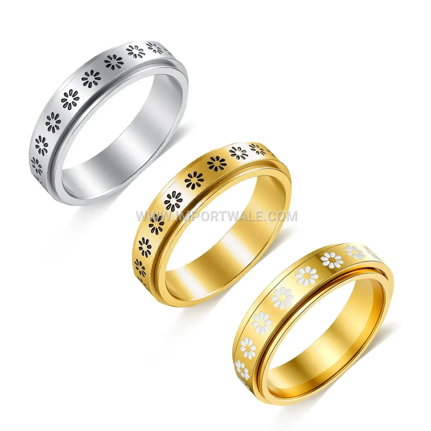 Rotating Daisy Floral Stainless Steel Spinner Ring