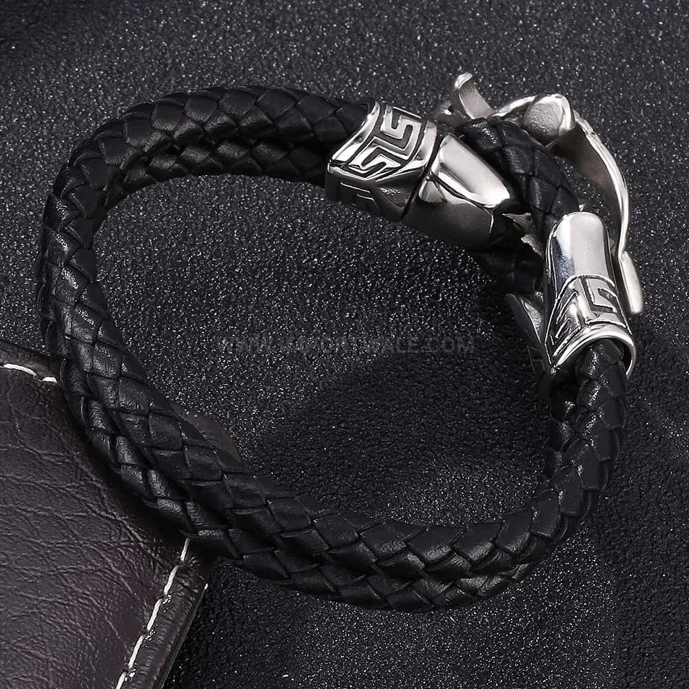 Vintage Stainless Steel Wing and Cross Leather Bracelet