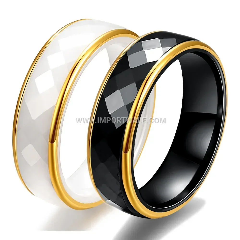 Gold Trimmed Diamond Cut Ceramic Ring
