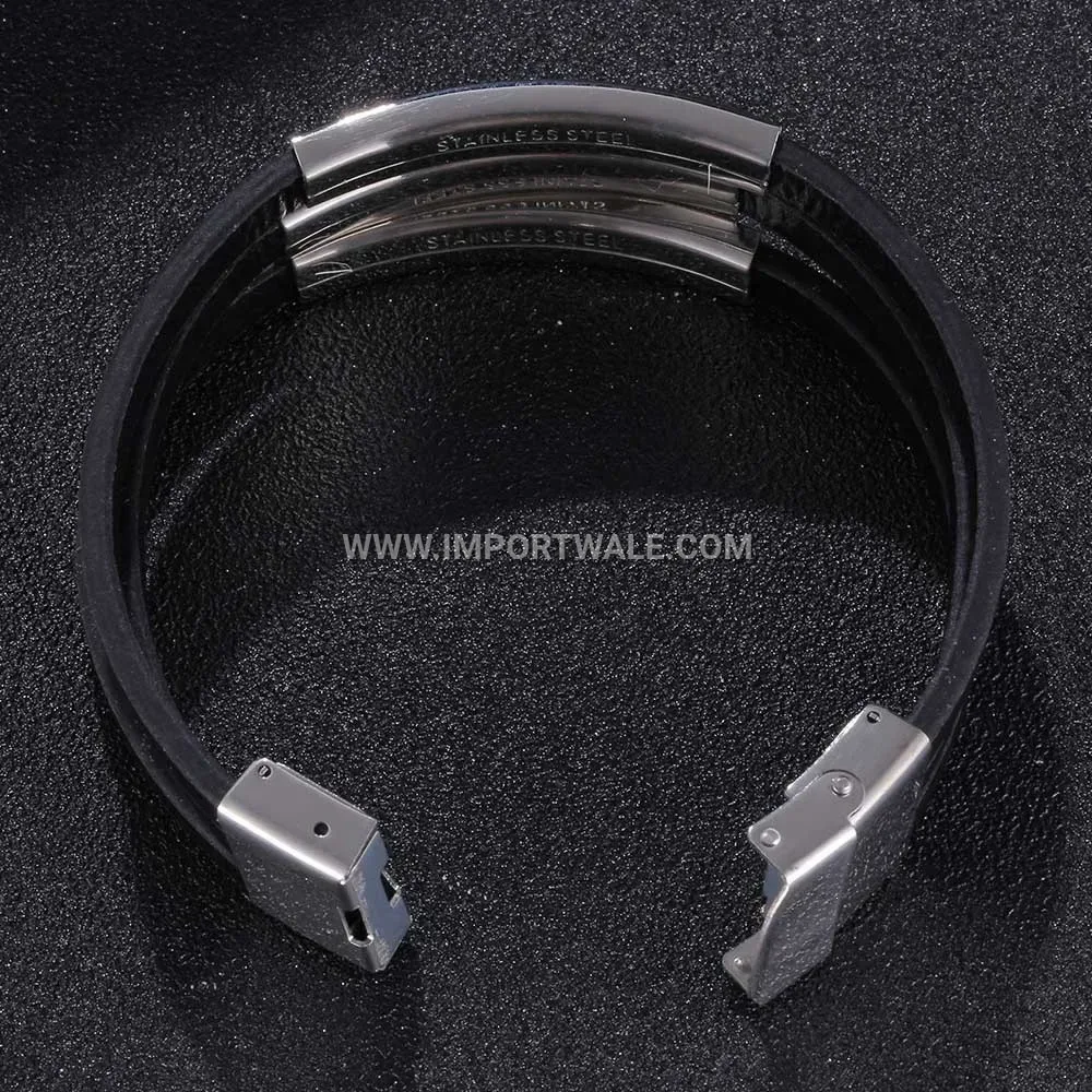 Sleek Stainless Steel Black Leather Cord Wristband