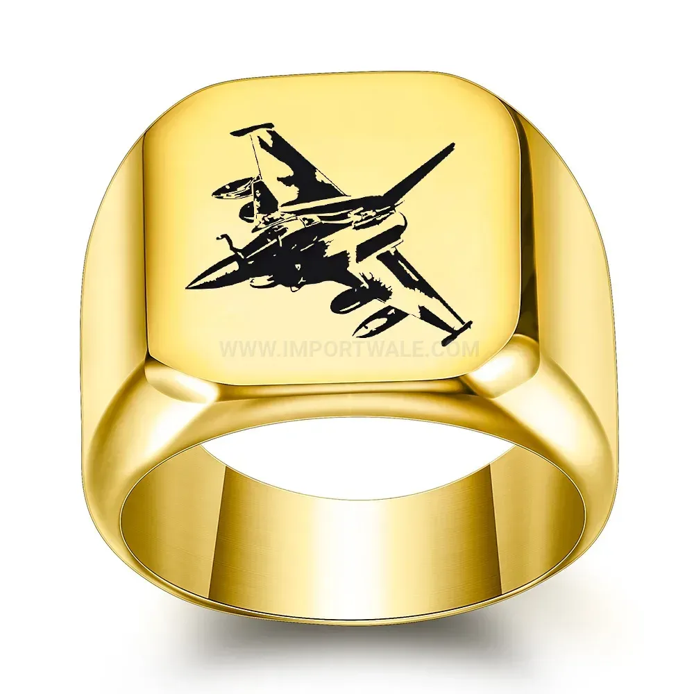 Modern Engraved Fighter Jet Square Stainless Steel Signet Ring