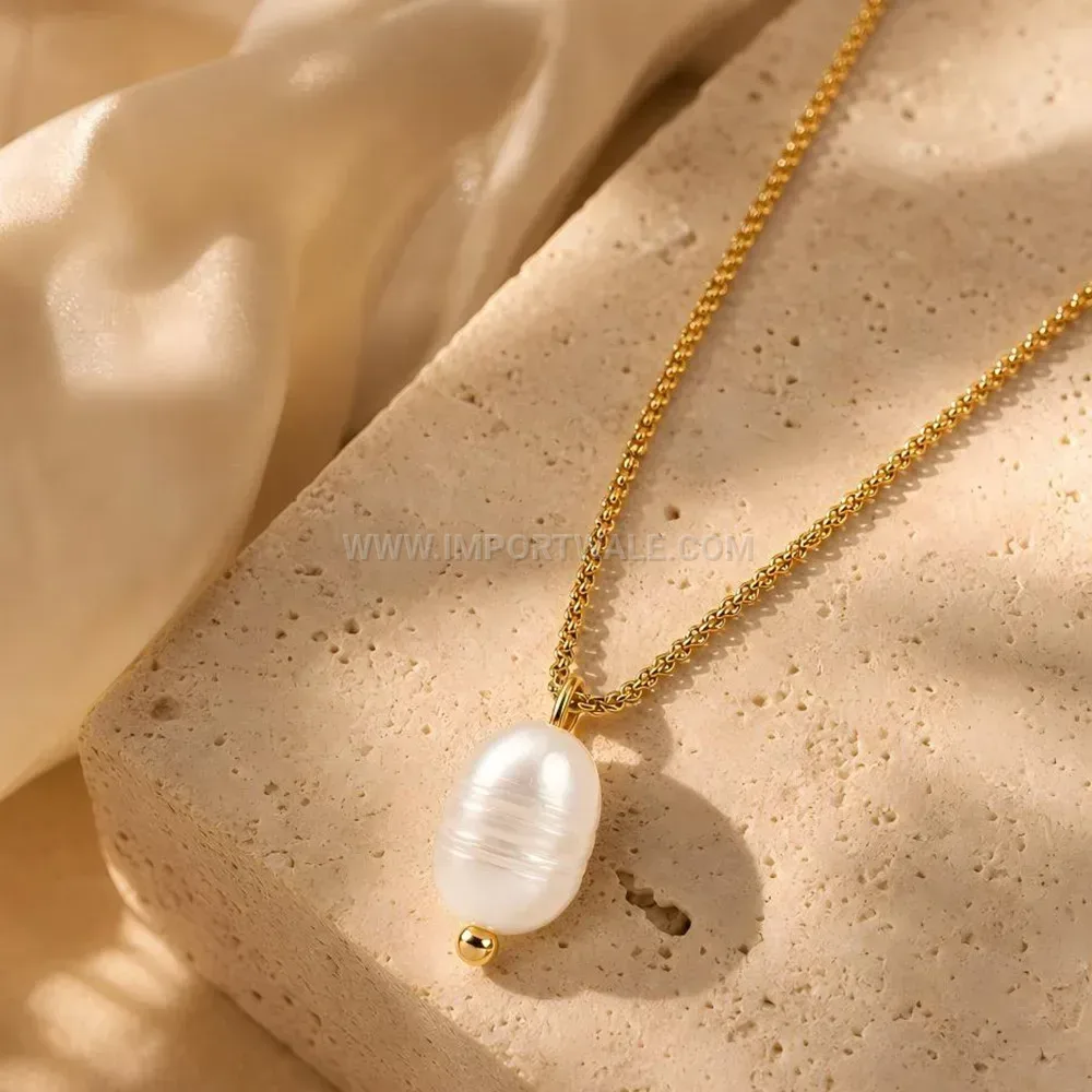 Baroque Pearl Layering Stainless Steel Gold Pendant Necklace